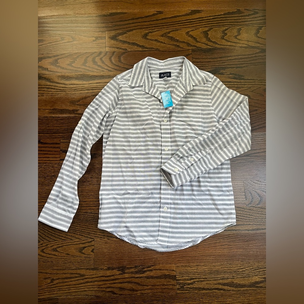 Place boys striped shirt Sz. L white gray 100% cotton NWT